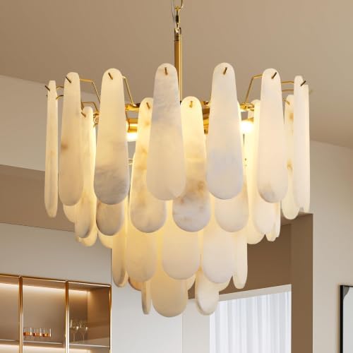 Alabaster Chandelier, D23.6in Modern Alabaster Round Dining Room Chandelier, 4-Tiers Luxury Natural Stone Ceiling Light Fixture, White Marble Chandeliers for Living Room Bedroom Foyer Entryway Kitchen by OSRoyce