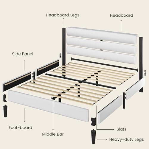 Fluest Queen Bed Frame, Platform Bed Frame with Velvet Upholstered Headboard, No Box Spring Needed, Sturdy Metal Support, Noise Free, Easy Assembly, Modern Bedroom Furniture, White - Image 6