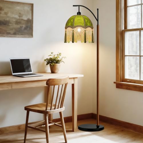 ILLMTW Fringe Floor Lamp for Living Room,Bedroom,Victorian Standing Lamp with Remote Dimmable,Green Mid Century Black Arc Tall Lamp Boho Vintage Retro Wood Tassel Flower Unique Lamp Tiffany Decor - Image 5