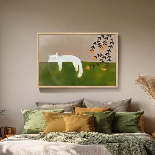 Large Framed Cozy Cat Neutral Green Canvas Wall Art Bedroom, 24x36 Inch - Image 3