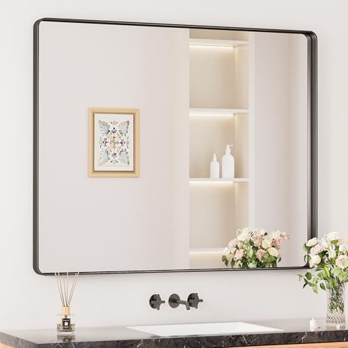 Keonjinn 42 x 36 Inch Black Bathroom Mirror for Over Sink, Tempered Glass by Keonjinn