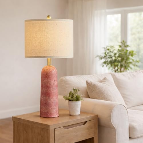 BOBOMOMO 27.25" Modern Table Lamp Set of 2, Red Resin Table Lamps with Stone Look, Lamps for Living Room with Linen Shades, Bedside Lamps for Bedroom Nightstand, Table Lamps for Living Room End Tables - Image 4