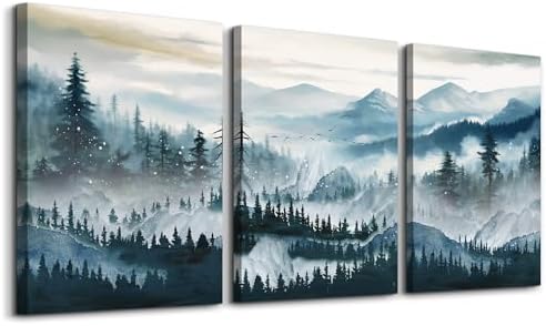 MHARTK66 Mountain Landscape Wall Art for Living Room, Large Foggy Forest Watercolor Artwork for Walls, 3 Piece Nature Mountain Forest Paintings Prints for Hallway Office Kitchen Wall Decor, 16x24 Inch by MHARTK66