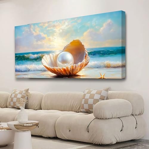 Seashells Pearls Pictures Canvas Wall Art Living Room Office Bedroom Wall Decor Sea Landscape Wall Art Prints Modern Blue and White Landscape Artwork Waterproof Ready to Hang - 20x40 inches - Image 5