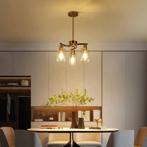 CNRATYE 3-Light Gold Dining Room Chandeliers Over Table, Contemporary Kitchen Island Pendant Lighting, Industrial Hanging Light Fixture for Entryway Hallway Foyer Bedroom, Clear Glass Shade - Image 2