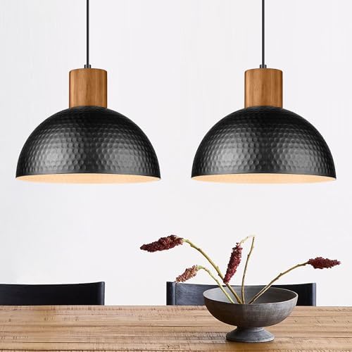 ELYONA 2 Pack Hammered Pendant Lights, 12" Industrial Metal Dome Hanging Lamp, Solid Wood Pendant Light Fixtures for Kitchen Island, Bar, Farmhouse, Dining Room, Bedroom, Hallway, Black by ELYONA