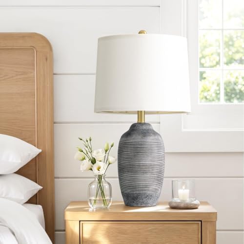 24.5" Vintage Ceramic Table Lamp Single-Rustic Boho Accent Nightstand Lamps for Bedroom, Living Room, Entryway-Small Textured Bedside Lamps, Modern Farmhouse Table Lamps for Home Decor Gray by VORTETHER