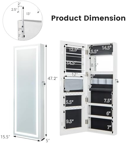 GIANTEX Wall or Door Mounted Jewelry Armoire, LED Full Length Mirror, 47.5" - Image 5