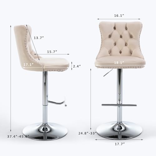 SoarFlash Velvet Bar Stool Set of 2, Adjustable Swivel Bar Stools with Silver Plated Metal Leg, Button Tufted, Footrest, Chrome Nailhead, Counter Height Chair for Kitchen, Bar, Dining Room (Beige) - Image 2