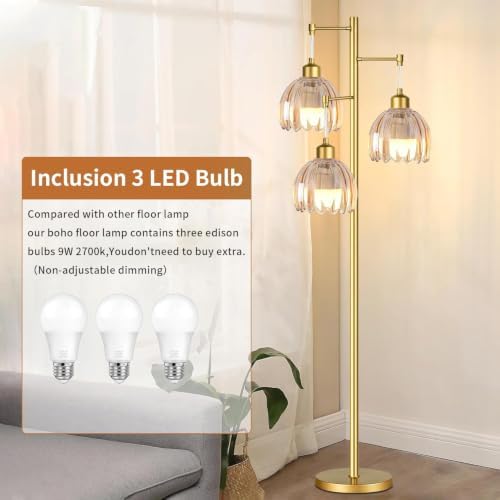 QIYIZM Gold Floor Lamp for Living Room,Bedroom,Tree 3 Light Standing Lamp Mid Century Modern Brass Tall Floor Lamps Vintage Retro Floor Lights Glass Flower Amber Lamp Shade Farmhouse Boho Bohemian - Image 4