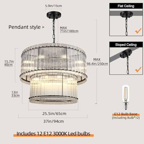 37" Modern Black Round Chandeliers, 3-Tier 16-Light Water Ripple Crystal Glass Chandelier, for Living Room, Foyer, High Ceiling Staircase, Dining Room, Luxury Adjustable Hanging Chandelier - Image 2