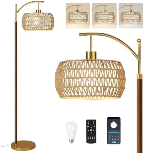 QIYIZM Boho Floor Lamp for Living Room,Bedroom,Rattan Standing Lamp with Remote Dimmable,Wood Vintage Mid Century Modern Gold Tall Lamp Wicker Lamp Shade Floor Lights Bohemian Tiffany Style by QIYIZM
