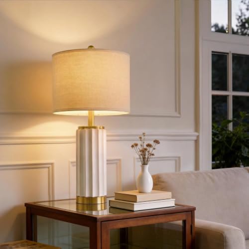 USumkky 25.75" Off-White Ceramic Table Lamp Set of 2, Mid Century Modern Bedside Nightstand Lamps for Bedroom Living Room, Linen Shade & Gold Metal Base, Rotary Switch E26 (Bulbs Excluded) - Image 5