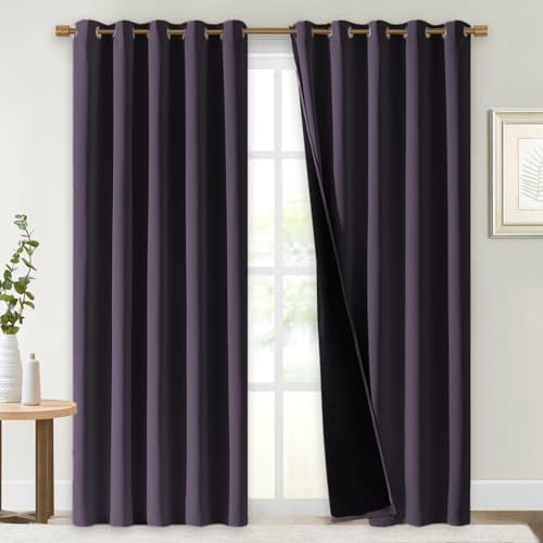 NICETOWN 100% Blackout Window Curtain Panels, Greyish Purple, 2 Pieces, 70" Wide Each Panel, Cold and Full Light Blocking Drapes with Black Liner for Nursery, 84" Drop Thermal Insulated Draperies by NICETOWN