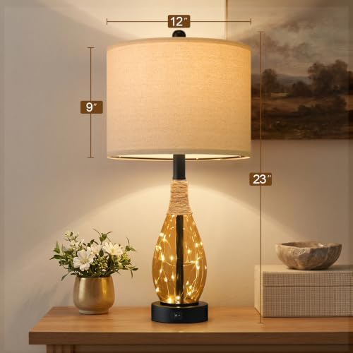 OYEARS 23" Table Lamps for Living Room Set of 2 Bedside Lamps for Night Stands Bedroom Lamps Farmhouse Rattan Boho Lamp Glass Nightlight End Table Lamp,Two Light Points - Image 5