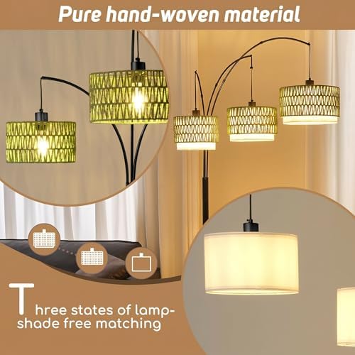 3-Light Arc Rattan Floor Lamp for Living Room,80'' Boho Tree Lamp - Image 6