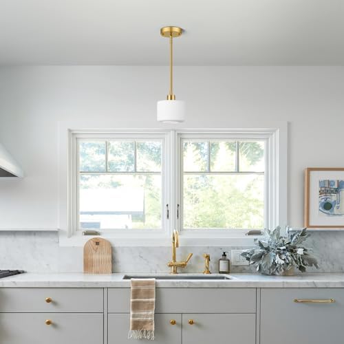Milk Glass Pendant Lights Kitchen Island, 1-Light Modern Brushed Gold Hanging Light Fixtures with Rods, Mini Kitchen Pendant Lighting Over Island for Sink Bathroom, OS-YQ8153-1PBG - Image 6