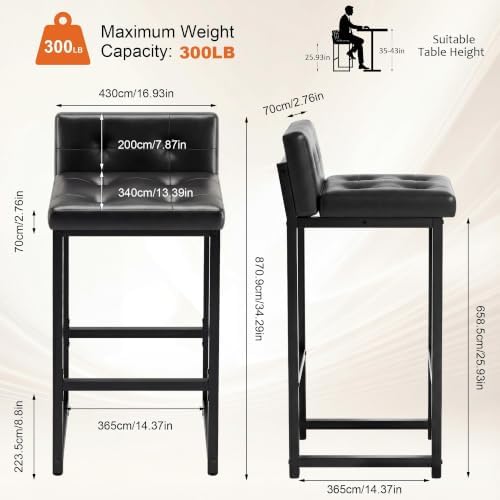 Bar Stools Set of 2, Counter Height Bar Stools Sets with Back, Faux Leather Barstools with Metal Legs and Footrest, Upholstered Bar Chairs for Dining Kitchen Island, Home Counter Bar - Image 2