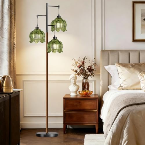 QIYIZM Glass Floor Lamp for Living Room,Bedroom,Stained Green Mid Century Modern Standing Lamp Wood Tree 3 Light Tall Floor Lamps Vintage Retro Black Floor Lights Flower LampShade Boho Bohemian - Image 7