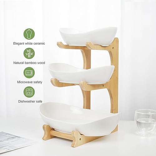Seven Sparta 3 Tier Fruit Bowl for Kitchen Counter (PLUS Series) / Ceramic Serving Bowls with Bamboo Stand/Big Size Tiered Fruit Basket for Fruit Vegetable Storage, Dessert, Salad Buffet Server - Image 4