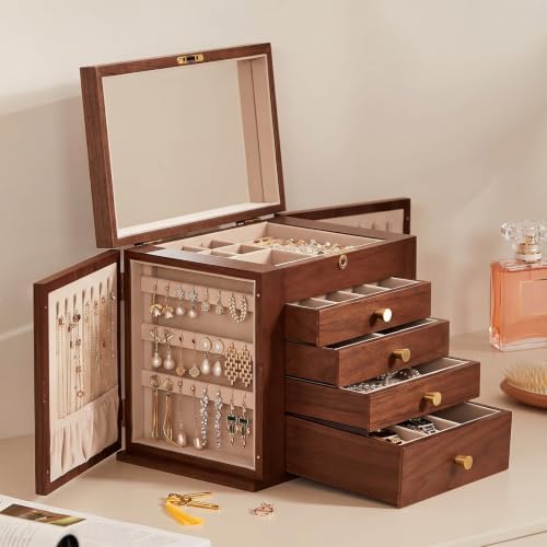 Black Walnut Wooden Jewelry Box for Women, 5 Layer by Homruilink