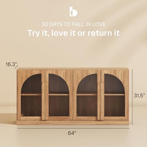 BELLEZE Bijou 64" Arched Glass Door Sideboard, Accent Buffet Cabinet with Storage and Adjustable Shelves, Classic Modern Large Console Table for Dining Room Living Room Entryway - Camel - Image 2