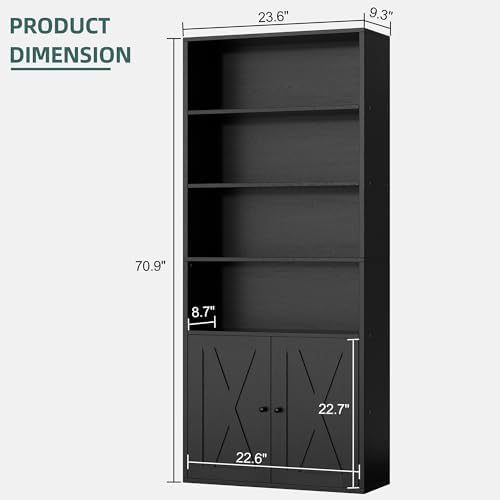 Shintenchi Bookshelf, Industrial Bookshelves and Bookcases with Doors Floor Standing 6 Shelf Display Storage Shelves 70.9 inches Tall Bookcase for Home Office, Living Room (Black) - Image 3