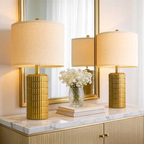 PoKat 20.75" Brass Gold Ceramic Table Lamps Set of 2 for Living Room, Small Retro Bedside Lamps for Bedroom, Nightstand Lamps for Home Decor, Vintage Bronze Decorative Lamp Sideboard Side Table Gifts by Pokat