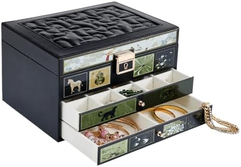 Vintage Jewelry Box with Multiple Drawers, Lockable Lid, Velvet-lined, Black with Animal Motif, Necklace and Ring Organizer (green) by PerlePath