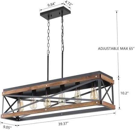 Rustic Farmhouse Wood Kitchen Island Lighting, 6 Lights Rectangular Pendant Light Fixture, Adjustable Chain Oak Wood and Metal Linear Chandelier for Dining Room Kitchen Island Farmhouse, Black - Image 4