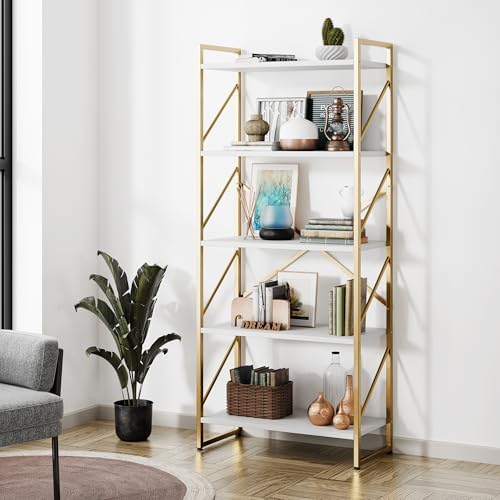 Shintenchi 5 Tiers Bookshelf, Classically Tall Bookcase Shelf,Industrial Book Rack,Modern Book Holder in Bedroom/Living Room/Home/Office, Storage Rack Shelves for Books/Movies,Gold by Shintenchi%7CFurnitureMadeforRealLife
