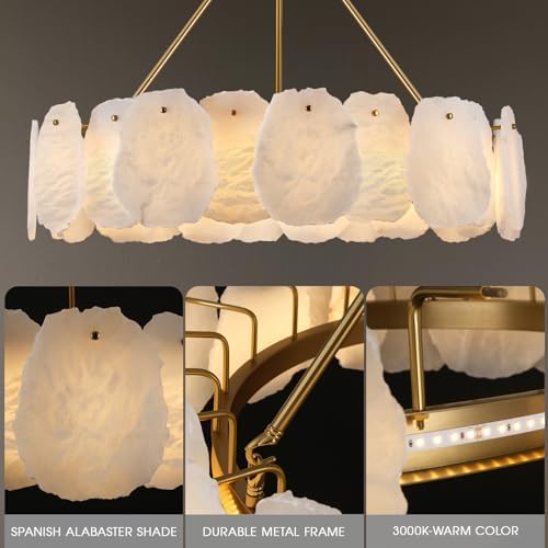 Round Alabaster Chandelier, 32in Spanish Marble Chandeliers for Dining Room, Alabaster Modern Chandeliers for Living Room, Adjustable Gold Chandelier for Bedroom, Bathroom, Kitchen, Foyer, Entryway - Image 5