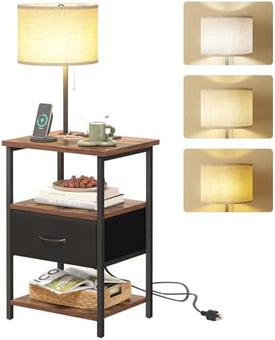 Fixwal Nightstand with Lights Bedside Table with 3 Color Temperatures Bulb, Night Stand with Charging Station End Table with Adjustable Fabric Drawer for Bedroom Dorm by Fixwal