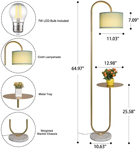 Hsyile KU300272 Arc Floor Lamp with Hanging Drum Shade for Living Room-Marble Base Modern Tall Stand Up Light with Table, Contemporary Over The Couch Gold Lamp Standing Lamps for Bedroom Office - Image 5