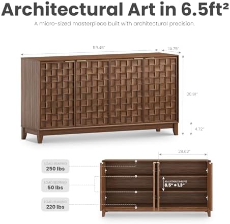 COLAMY Fluted Sideboard Cabinet with Storage, Solid Wood Buffet for Dining Room, Credenza Console with Adjustable Shelves, Walnut Finish, Mid Century Modern Style, Walnut - Image 2