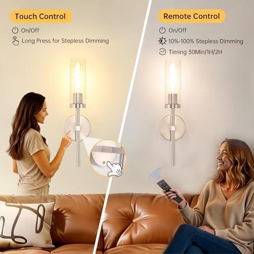 Shenmoyl Battery Operated Wall Sconces Set of 2, Nickel Rechargeable Wall Lighting Fixtures, Dimmable Wall Lights with Remote & Clear Glass Shade for Living Room, Bathroom,Bedroom - Image 5