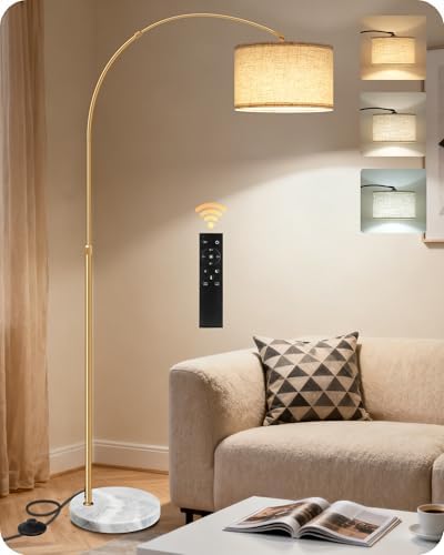 75" Dimmable Gold Arc Floor Lamp with Marble Base, Adjustable Height, Beige by GOEBLESON