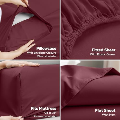 King Sheets Set, 4 Pieces 16" Deep Pocket Hotel Luxury Bed Sheets, Burgundy - Image 3