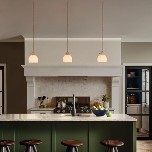Shenmoyl Pendant Light with White Tulip Glass Lmapshade, Brass Vintage Pendant Light Adjustable Hanging Light for Kitchen Island Dining Room Hallway - Image 3