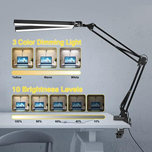 2-in-1 LED Double Head Desk Lamps for Home Office,24W Brightest Workbench Light,Eye-care Architect Desk Lamp with Clamp Base,3 Colors 10 Dimming Swing Arm Computer Desktop Light for Reading/Study - Image 2