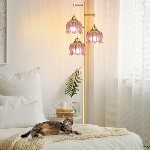 QIYIZM Pink Floor Lamp for Living Room,Bedroom,Gold Mid Century Modern Standing Lamp Brass Tree 3 Light Tall Floor Lamps Vintage Retro Floor Lights Glass Flower Lamp Shade Girls Kids Boho Bohemian - Image 2