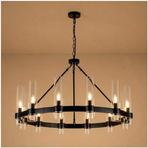 38 Inch Black Wagon Wheel Chandelier with Glass Shade, 12 Lights, Modern Farmhouse Style, Ideal for Dining Room, Kitchen, Entryways by AEULYTIR