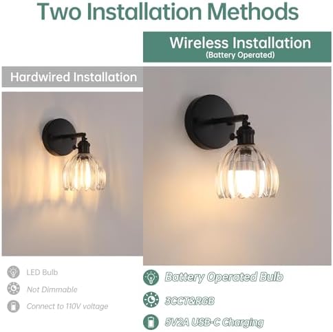 Shenmoyl Vintage Battery Operated Wall Sconce with Transparent Tulip Glass Lampshade Rechargeable Battery Powered Black Wall Light with Remote Control for Bedside Bedroom Doorway, Set of 2 - Image 3