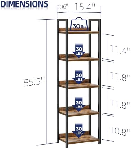NUMENN Narrow Bookshelf, 5 Tier Freestanding Shelving Unit, Vintage - Image 3