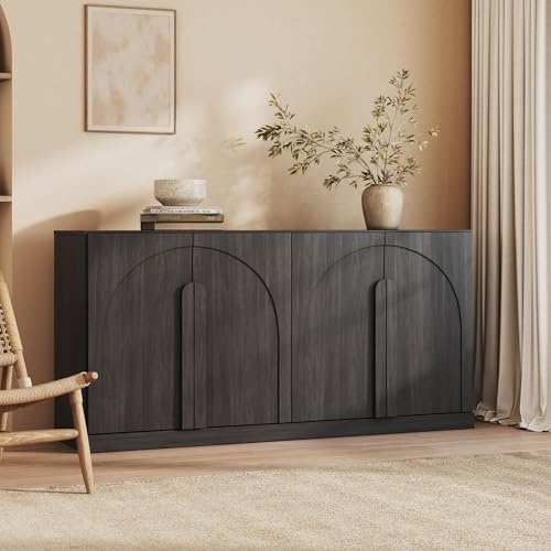 BELLEZE Bijou 64" Modern Buffet Sideboard, Mid-Century Arch Carved Wood Door Cabinet, Textured Storage Console for Living Room, Kitchen, Entryway - Ebony by BELLEZE