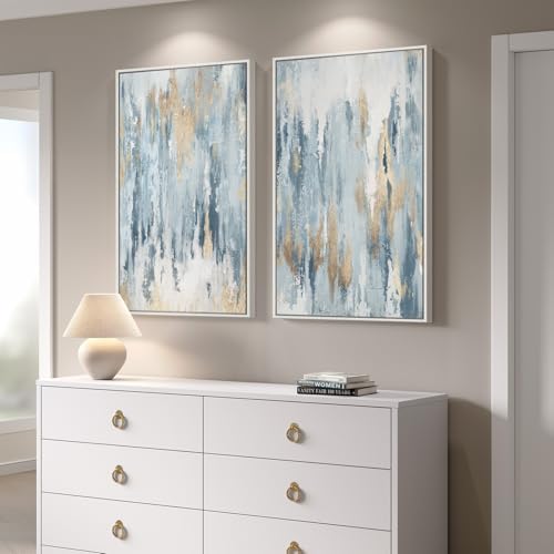 Large White Framed Blue and Gold Abstract Wall Art for Living Room, 24x36 - Image 2