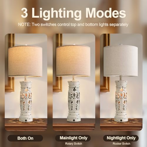 27.25" Farmhouse Lamp with Night Light, Rustic Table Lamps Set of 2, White - Image 4