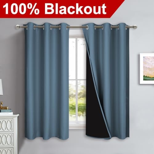 NICETOWN 100% Blackout Short Curtains with Black Liners, 2 Panels, 37" W by 50" L, Smoky Blue, Solid Thermal Insulated Full Blackout 2-Layer Lined Drapes, Energy Efficiency Window Drapes for Bedroom - Image 2