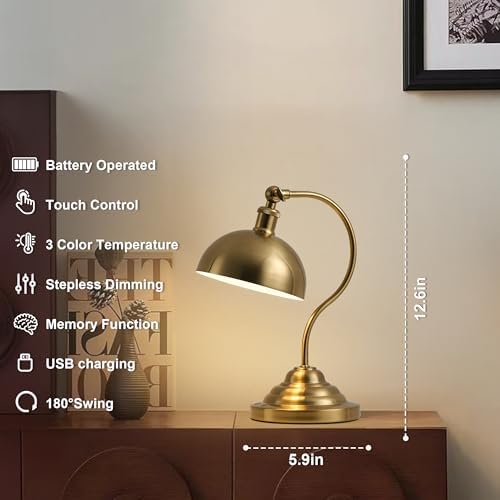 KARTOOSH Cordless Table Lamp, Battery Operated Vintage Desk Light, Brass - Image 2