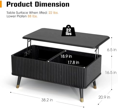 JOINICE 38" Lift Top Coffee Table with Storage for Living Room,Black - Image 2